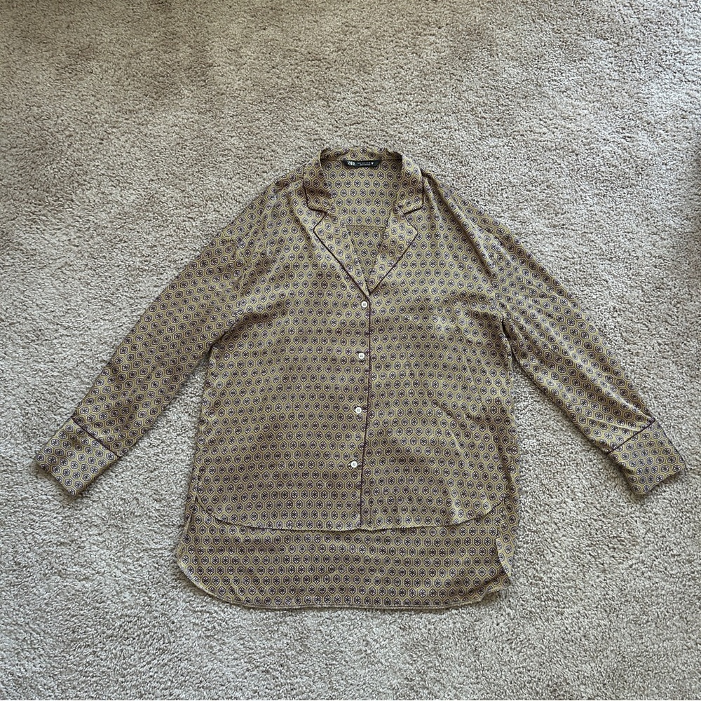 Zara Brown Patterned Button-Up Geometric Patterned Pajama Top Blouse Size Medium - Picture 5 of 11